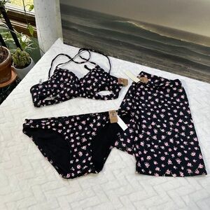 PINK Victoria's Secret Black Bikini Set with Pink Floral Print